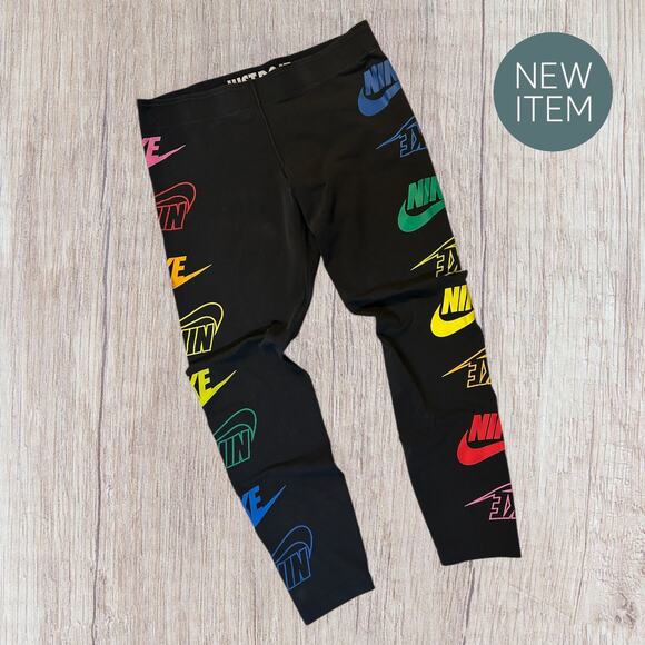 Nike Just Do It Leggings Women’s Large Black Rainbow Logo Athletic Pants W08 - Picture 1 of 3